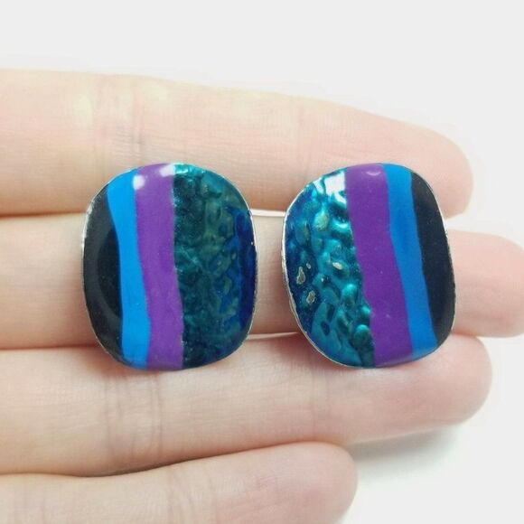 Vintage Funky Striped Blue Enamel Stud Earrings, Curved Design, Retro 80s Style - Picture 1 of 6